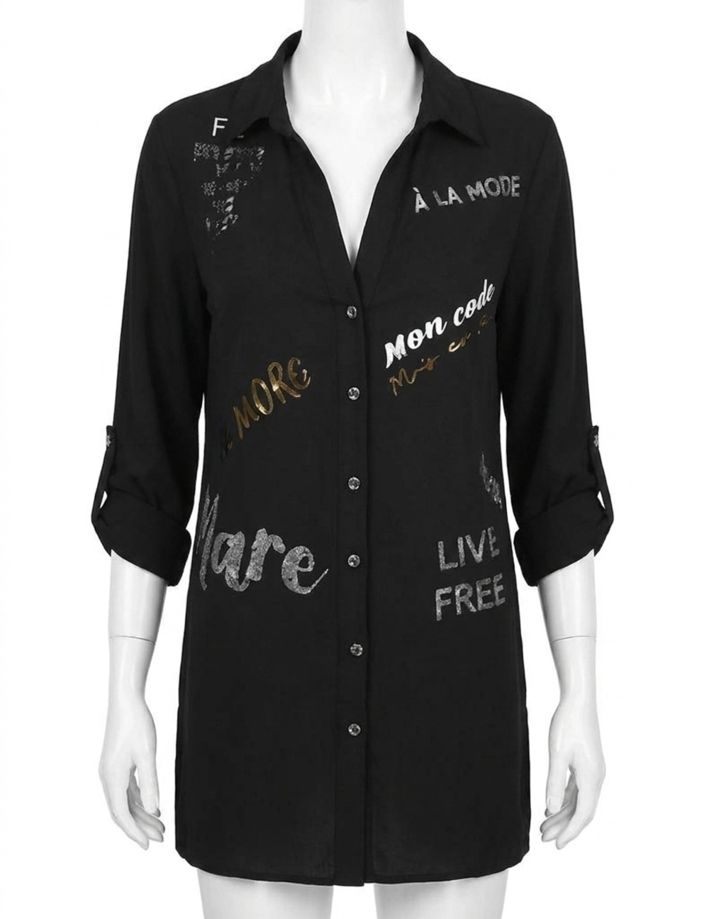 NEW FRANK LYMAN britta tunic length top with sequin wording in black